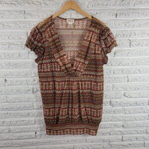 MK Designs Women 3X Plus Tunic Blouse Brown Orange Geometric V-Neck GEO8XE